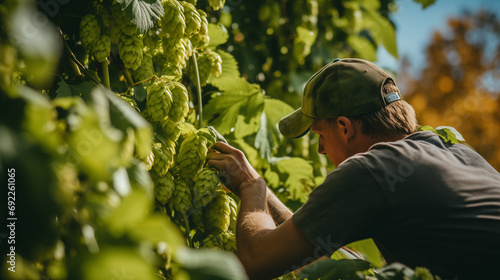 A gardener is picking hops in the hops garden.