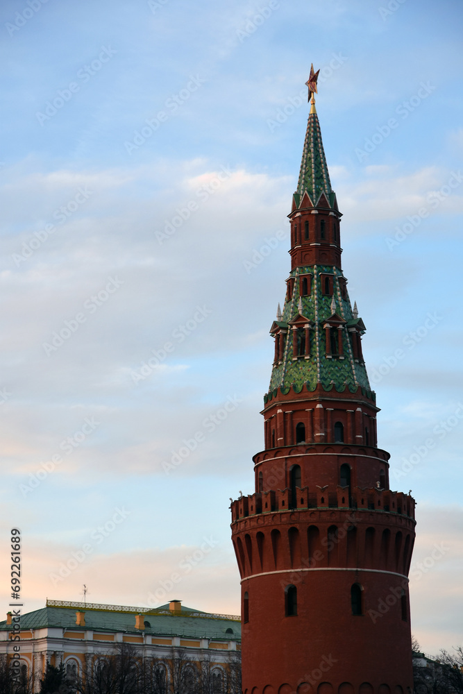 Moscow Kremlin tower at blue sky background