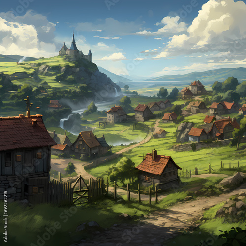A quaint village nestled at the base of rolling hills