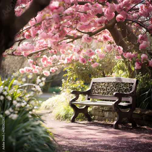 A secluded bench in a garden surrounded by blossoms