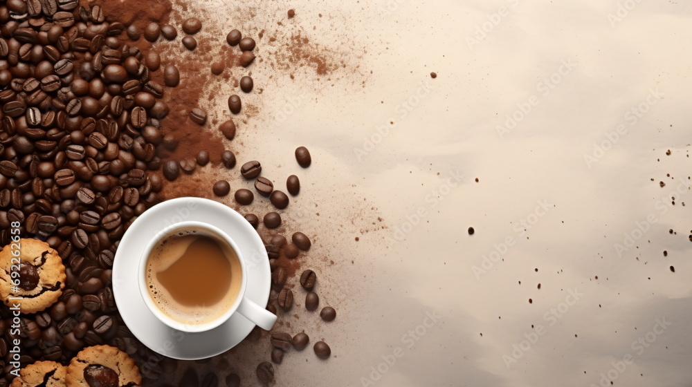 Coffee cup and chocolate chip cookies.
Pieces of coffee beans and powder are scattered around the coffee cup. Top view. Beige background. Generative AI Coffee cup and chocolate chip cookies.
Pieces of coffee beans and powder are scattered around the coffee cup. Top view. Beige background. Generative AI