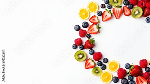 Fun arrangement of fruit slices including strawberries, lemons, oranges, kiwi and blueberries. White background. Top view. Generative AI