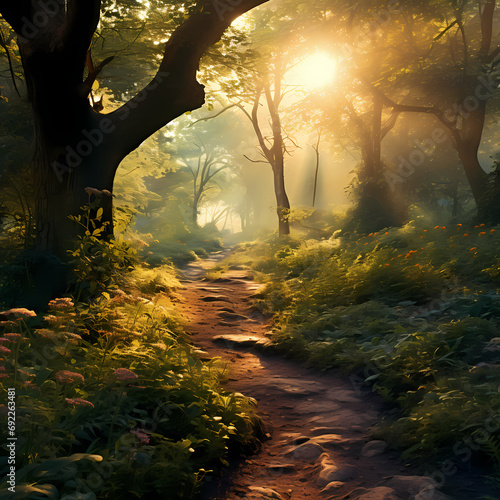 A sunlit path winding through a peaceful woodland