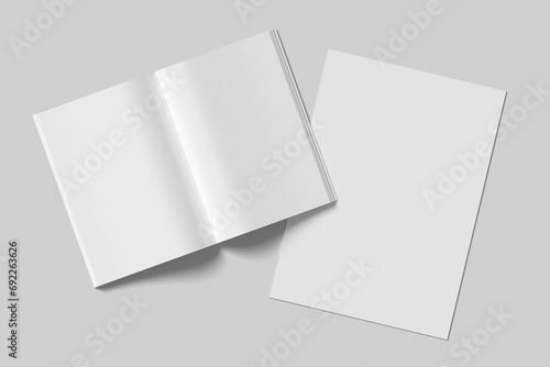 Top view of  book and paper mockup on gray background