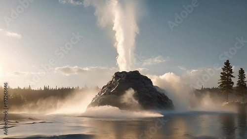 geyser puts show onlookers, shooting water steam into rhythmic captivating display. photo