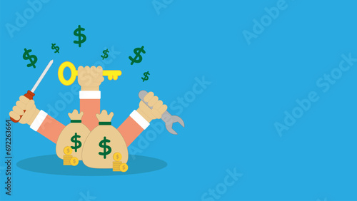 Financial Solutions. Depicted with a dollar bag, a pile of gold coins, a hand holding a screwdriver, wrench and key