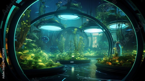 futuristic biotech oasis technology with bioengineered plants, glowing bioluminescent pathways, and futuristic devices