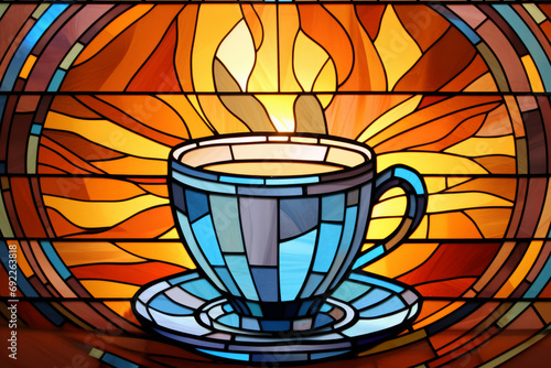 Stained glass window illustration of a cup of coffee