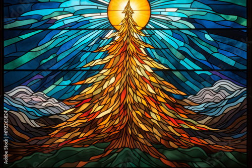 Stained glass window illustration of a giant Christmas tree