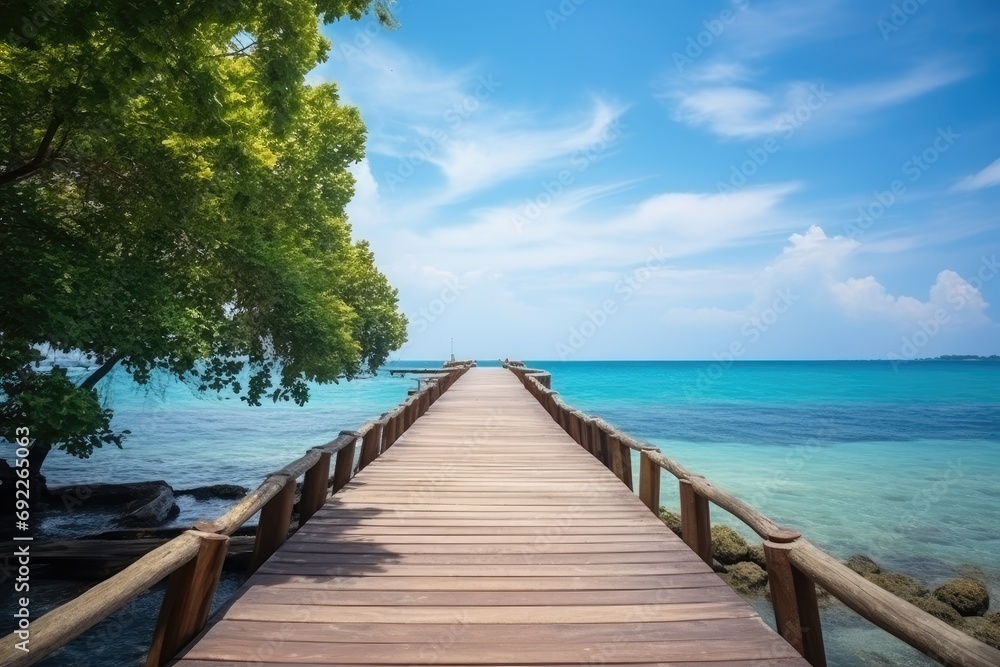 Obraz premium wooden bridge over the beach. Vacation and Holiday concept. generative ai