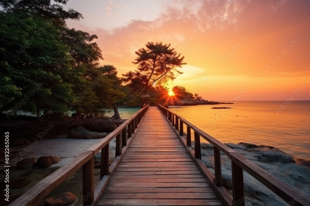 Obraz premium wooden bridge over the beach. Vacation and Holiday concept. generative ai