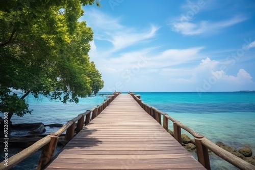 wooden bridge over the beach. Vacation and Holiday concept. generative ai
