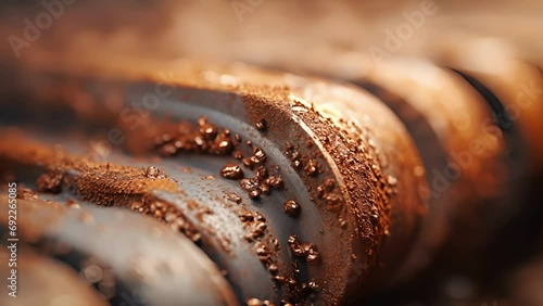 Closeup of small s of corroded metal particles forming in between the grooves and grooves of a pipeline, depicting the ongoing process of corrosion and deterioration. photo