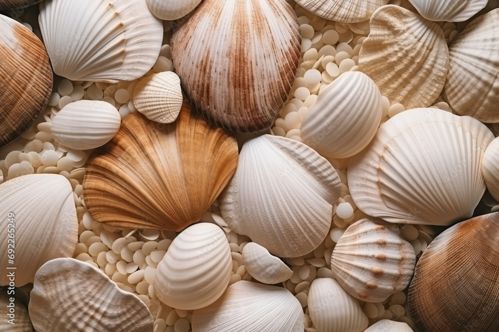Coastal Harmony: Varied Seashells Adorning a Sandy Backdrop
