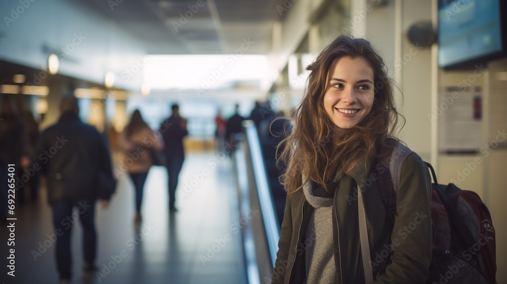 Young beautiful woman passenger wearing jacket and have a backpack,walking from the airport terminal to the airplane for departure, concept of travel, winter holidays trip. Young beautiful woman passenger wearing jacket and have a backpack,walking from the airport terminal to the airplane for departure, concept of travel, winter holidays trip.