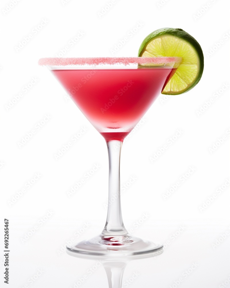 A red cranberry cosmopolitan cocktail decorated with a piece of lime isolated on white background. A red cranberry cosmopolitan cocktail decorated with a piece of lime isolated on white background.