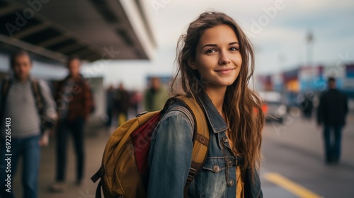 Young beautiful woman passenger wearing jacket and have a backpack,walking from the airport terminal to the airplane for departure, concept of travel, winter holidays trip.