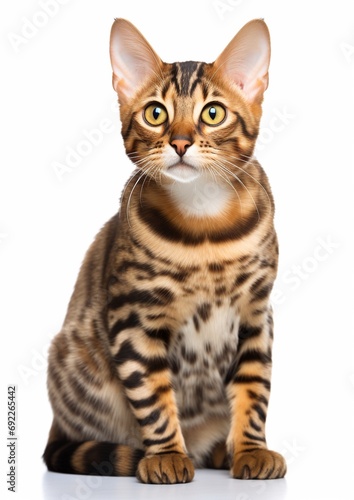 Cute Bengal kitten looks pensively at camera isolated on white background, funny animal portrait studio shot.