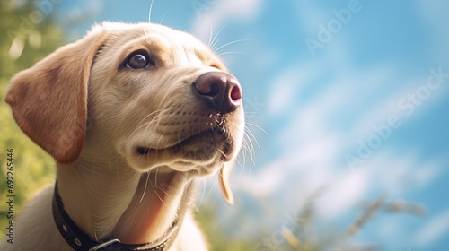 Close up of a cute labrador puppy looking up on blurred outdoor background with copy space, cute funny animal portrait studio shot.