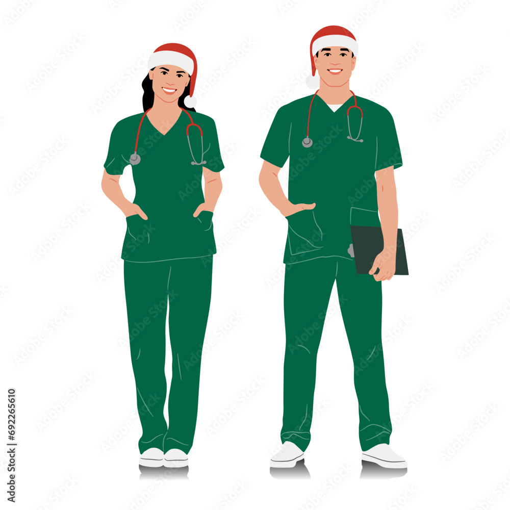 Healthcare worker with Santa hats set. Happy smiling doctor with a stethoscope wearing Christmas hats. Male and female nurses in Christmas color uniforms. Vector illustration set isolated on white Healthcare worker with Santa hats set. Happy smiling doctor with a stethoscope wearing Christmas hats. Male and female nurses in Christmas color uniforms. Vector illustration set isolated on white