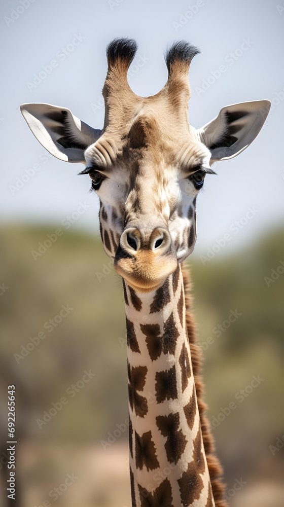Fototapeta premium A giraffe wadnering in the open dessert, African savannah / safari. Generative AI.