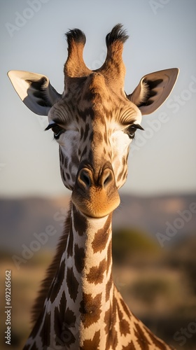 A giraffe wadnering in the open dessert, African savannah / safari. Generative AI. photo