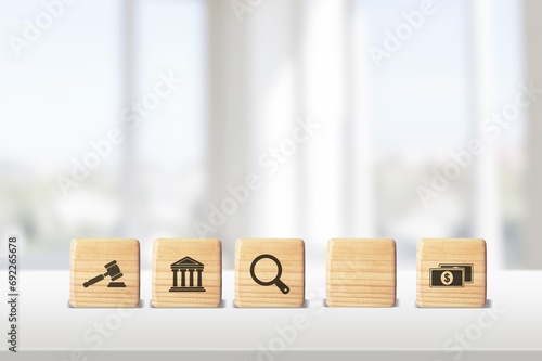 regulations and compliance financial icons on wooden cubes photo