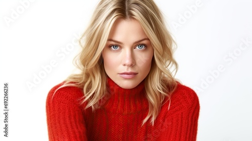 Portrait of an attractive blonde wearing red sweater looking beautiful 