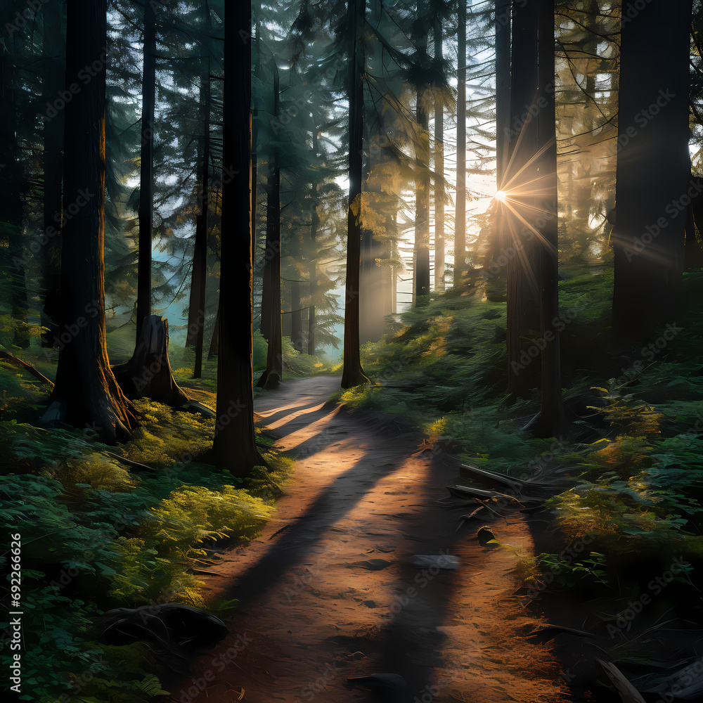 A winding path through a sunlit forest.