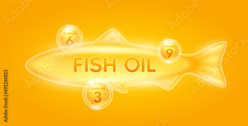 Omega 3, 6, 9. Fish oil extracted from nature. Vitamins collagen essential to the health for the body. For dietary nutritional supplement. On orange background. Vector.