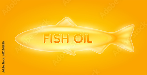 Fish oil. Extracted from nature fish salmon. Vitamins collagen essential to the health for the body. For dietary nutritional supplement. On orange background. Vector.
