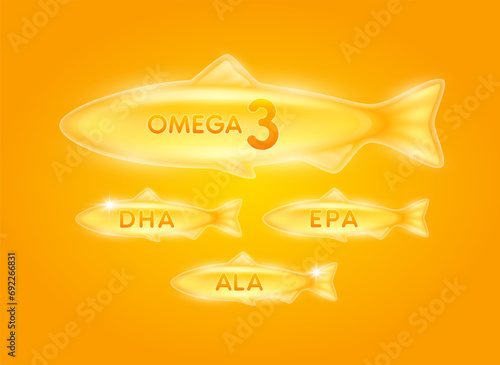 Fish oil extracted from nature. Omega 3 DHA, EPA and ALA. Vitamins collagen essential to the health for the body. For dietary nutritional supplement. On orange background. Vector.