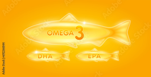 Omega 3 DHA, EPA. Fish oil extracted from nature. Vitamins collagen essential to the health for the body. For dietary nutritional supplement. On orange background. Vector.