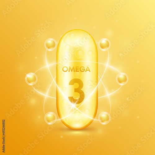 Fish oil extracted from nature essential to the health for the body. Capsule omega 3. Pill vitamin collagen radius ring surround. For dietary nutritional supplement. Vector.