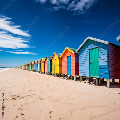 Colorful beach huts lining the sandy shores of a coastal town