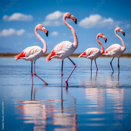 Flamingos wading in the shallow waters of a tropical lagoon