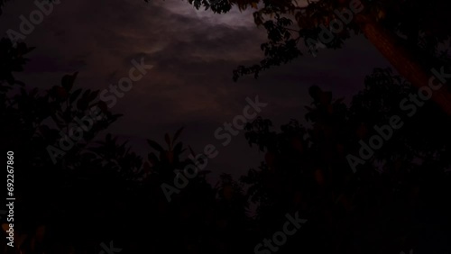 Time lapse of full moon moving through night sky behind mountain tree line.