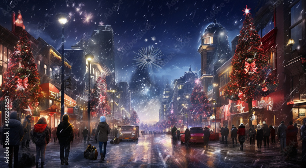 People on a city street at night with fireworks, perfect for New Year's Eve, celebrations, city life, festival promotions, and holiday-themed designs in need of urban and festive elements. People on a city street at night with fireworks, perfect for New Year's Eve, celebrations, city life, festival promotions, and holiday-themed designs in need of urban and festive elements.