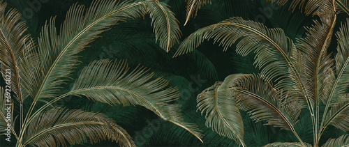 Dark luxury art background in green tones with exotic palm leaves in golden line style. Botanical tropical banner for decoration, print, wallpaper, interior design, textile.