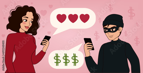 Young woman having online date with fake boyfriend. Concept of internet fraud