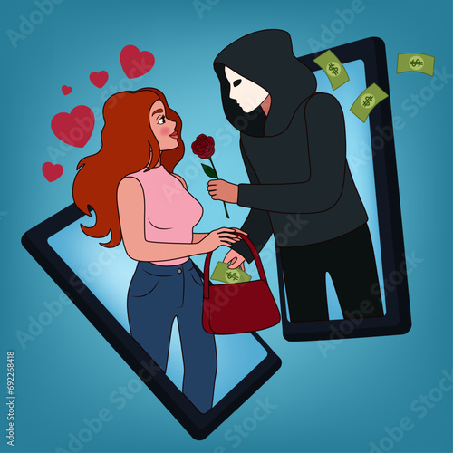 Mobile phones, young woman and her fake boyfriend trying to steal money from bag. Concept of internet fraud