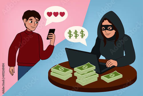 Young man having online date with fake girlfriend. Concept of internet fraud