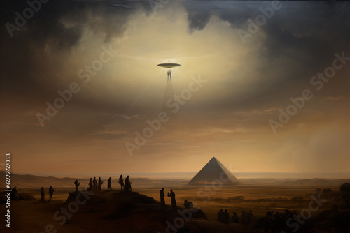 GENERATIVE AI Vision of Dread and Discovery. expansive landscape, with the pyramids of Cairo dominating the foreground. In the distance, a UFO glides gracefully through the sky photo