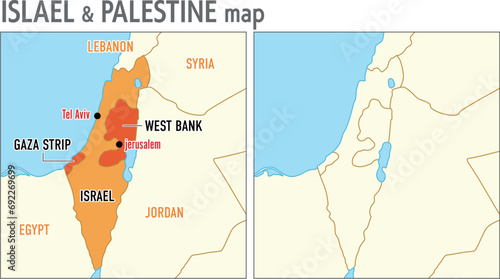 イスラエル パレスチナ周辺地図　英語の地名付きと地名なしのセット