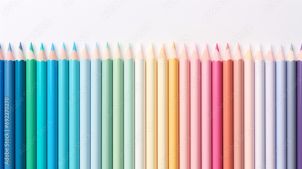 Flat lay of colored pencils with isolated blank background for copy space, close-up view Flat lay of colored pencils with isolated blank background for copy space, close-up view