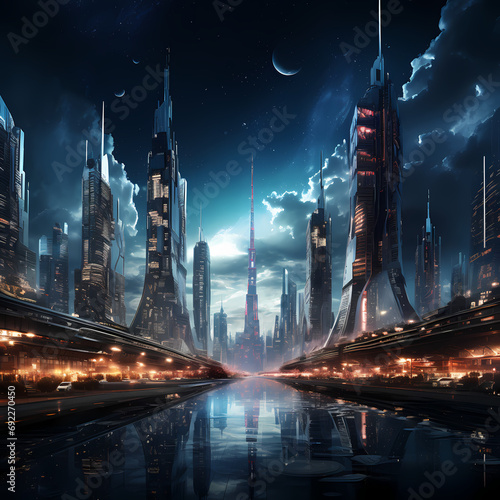 Futuristic skyscrapers towering over a city at night