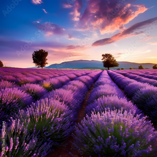 Lavender fields in full bloom  emitting a soothing fragrance