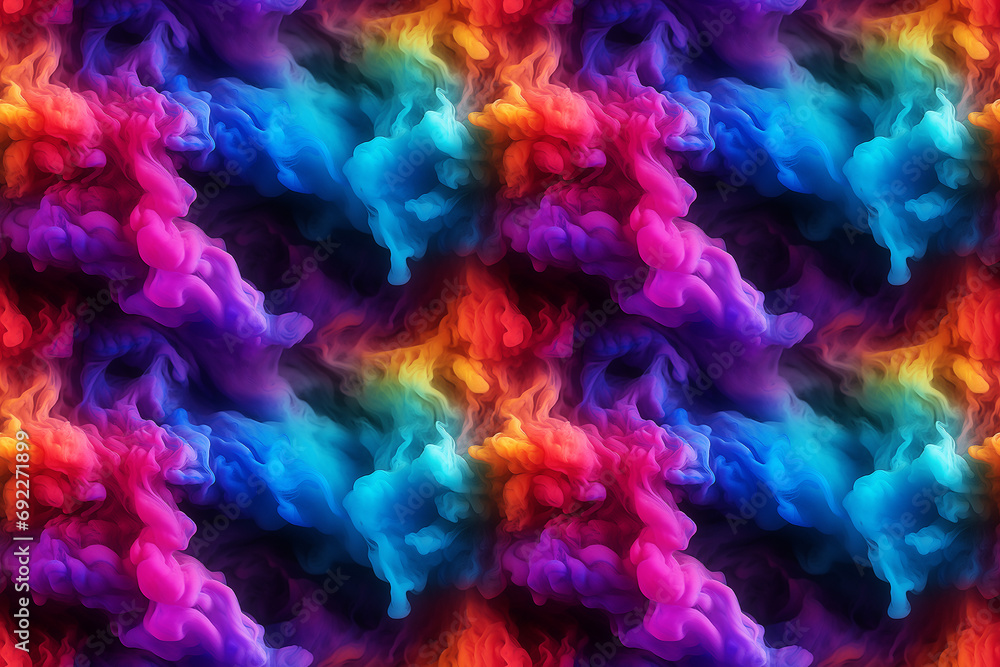 Close-up rainbow smoke cloud, showcasing vibrant patterns and dynamic motion. Seamless repeatable background.