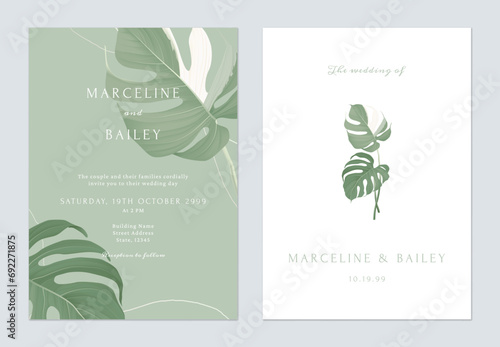 White and green greenery Monstera leaves wedding invitation