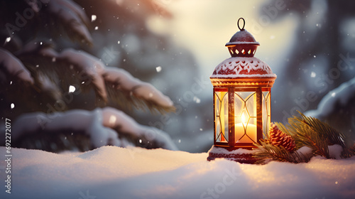 Christmas lantern with burning candle on a background of snow-covered fir branches.
